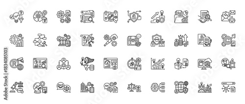 Intellectual property and business line icon set. vector pictograms of patent, copyright, security, license, and strategy, thin linear illustration.