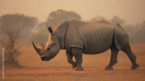 Majestic Rhino Walking in African Savannah at Sunset
