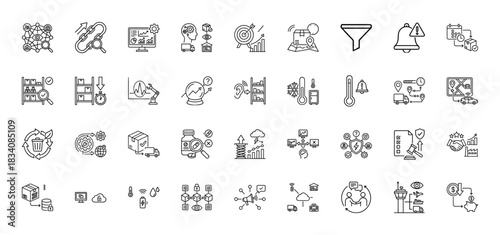 Logistics and supply chain line icon set. Vector pictograms of warehouse, delivery, automation, tracking, and process control, thin linear illustration.