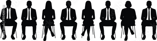 Professional business silhouettes of diverse men and women seated in a row on chairs for meeting interview presentation or conference seminar event.