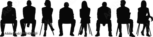 Seated People Silhouettes Set Diverse Group Men and Women Sitting on Chairs Front Back Profile Architectural Graphic Isolated on White Vector