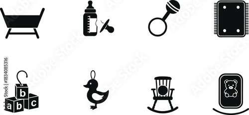 Collection of Baby Care and Nursery Icons, Cradle, Feeding Bottle, Rattle, Play Mat, Alphabet Blocks, and Rocking Chair, Black Vector Silhouette