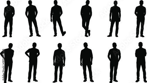 Set of men silhouettes standing in casual poses, black male figures isolated on white background vector.