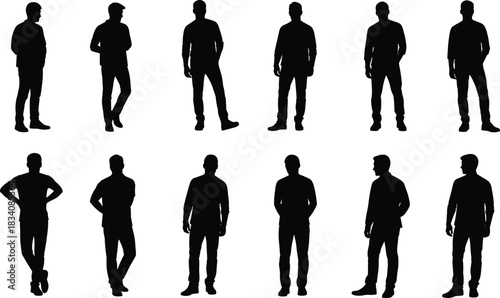Set of twelve black silhouettes of men standing in various casual poses, isolated on white background, vector illustration design.