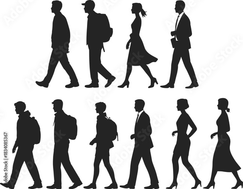 Set of walking people silhouettes, men and women commuting side view, black vector shapes isolated on white background.