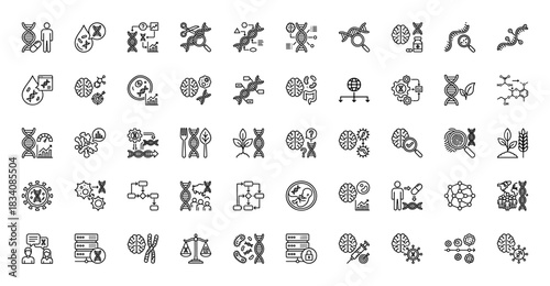Genetics line icon set. Vector pictograms of DNA helix, gene editing, microscope, cell, brain, bioinformatics and laboratory research, thin linear illustration.