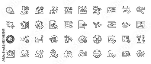 Pharmaceutical, biotechnology, and industry 4.0 line icon set. Vector pictograms of manufacturing, research, supply chain, and finance, thin linear illustration.