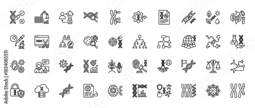 Genetic engineering line icon set. Vector pictograms of dna helix, chromosome, research, and biotechnology, thin linear illustration.