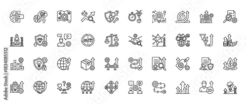 Business strategy and technology line icon set. vector pictograms of innovation, development, security, finance, analysis, and global business concepts, thin linear illustration.