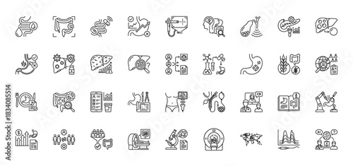 Gastroenterology line icon set. Vector pictograms of digestive organs, endoscopy, analysis, and research, thin linear illustration.