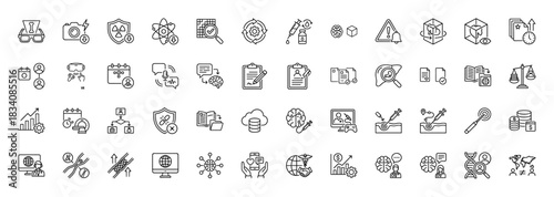 Medical and scientific research line icon set. Vector pictograms of dna, brain, microscope, syringe, and shield, thin linear illustration.