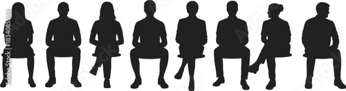 Silhouettes of diverse seated people in row, waiting group concept, teamwork, recruitment line, crowd illustration for business and workplace themes