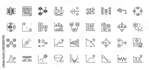 Machine learning and data science line icon set. Vector pictograms of neural networks, data graphs, statistics, and optimization, thin linear illustration.