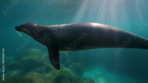 seal swimming underwater with sun rays