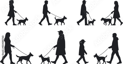 Collection of People Walking Dogs on Leashes, Casual Male and Female Owners, Child, Black Silhouette Vector Illustration Set for Daily Outdoor Activity
