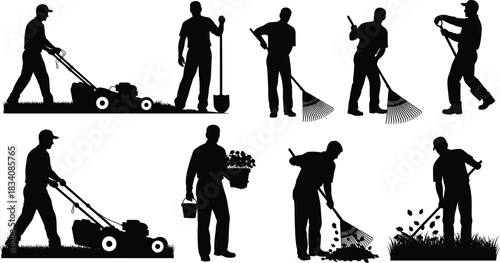 Gardener and Landscaper Silhouettes Working Set, Man Mowing Lawn, Raking Leaves, Shoveling, and Planting Flowers, Black and White Vector Illustration of Yard Work