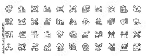 Industrial revolution 4.0 and smart manufacturing line icon set. Vector pictograms of automation, robotics, logistics, and data analytics, thin linear illustration.