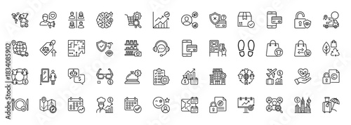 Logistics, shopping, and business line icon set. Vector pictograms of delivery truck, shopping cart, calendar, and hotel, thin linear illustration.