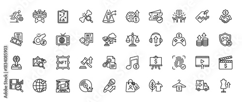 Digital assets and media line icon set. Vector pictograms of nfts, blockchain, entertainment, business, and finance, thin linear illustration.