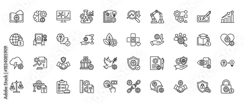 Business and intellectual property line icon set. Vector pictograms of research, finance, protection, and analysis, thin linear illustration.
