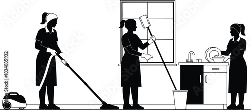 Group of Professional Cleaning Service Staff Working, Vacuuming Floor, Washing Window, Doing Dishes, Black Silhouette Vector Illustration
