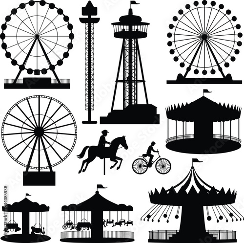 Amusement park silhouette icons, Ferris wheel, carousel, drop tower, swing ride, horse rider, bicycle, vector graphic, black elements