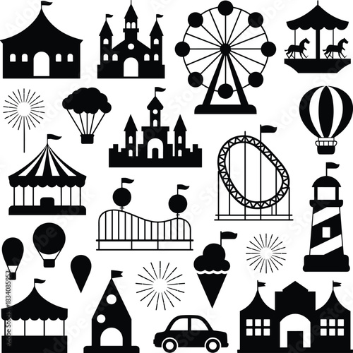 Amusement park silhouette icons, circus tent, Ferris wheel, roller coaster, carousel, hot air balloon, fireworks, vector graphic, black elements