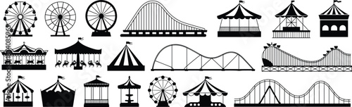 Amusement park silhouette collection, Ferris wheel, roller coaster, carousel, circus tent, pavilion, train, ticket booth, vector icons, black graphic