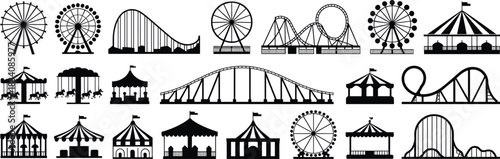 Amusement park silhouette icons, Ferris wheel, roller coaster, carousel, circus tent, castle, balloon, vector graphic set, festive elements