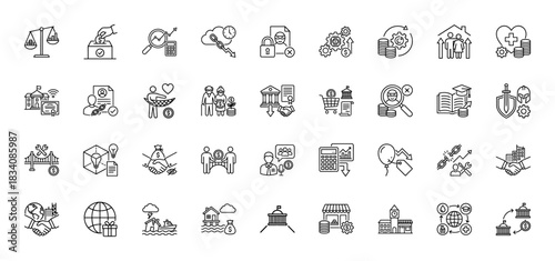 Government, finance, and social services line icon set. vector pictograms of donation, security, investment, debt, and education, thin linear illustration.