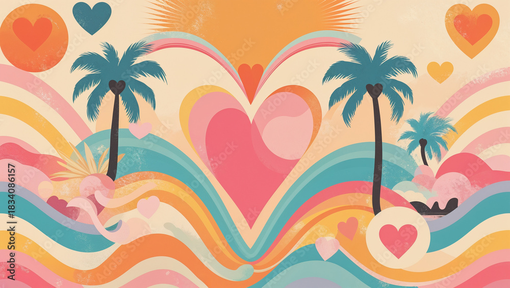 Naklejka premium california 70s abstract poster-style valentine’s day illustration featuring geometric shapes, pastel rainbow gradients, sunburst forms, palm silhouettes and heart elements