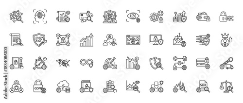 Financial fraud detection line icon set. Vector pictograms of cyber security, AI analysis, phishing, anti money laundering, compliance, risk management. Thin linear illustration.