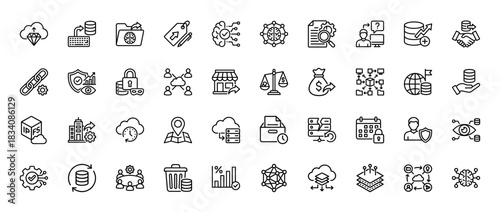 Data and technology line icon set. Vector pictograms of security, cloud storage, blockchain, and artificial intelligence, thin linear illustration.
