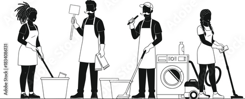 Professional Cleaning Service Workers Line Art, Set of Janitors with Washing Machine, Vacuum Cleaner, and Tools, Black and White Vector Illustration for Household Tasks