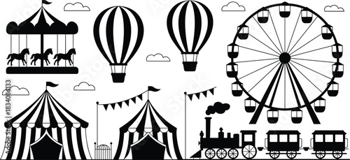 Carnival and amusement park silhouettes, Ferris wheel, carousel, circus tent, train, hot air balloon, vector icons, festive graphic elements