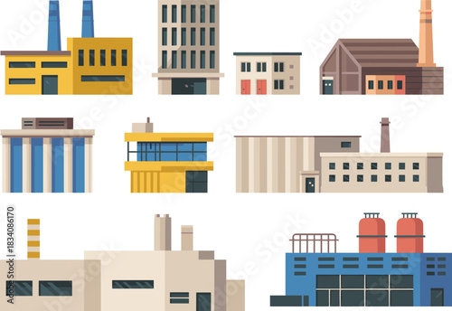 Industrial building icon set, colorful factory and warehouse illustrations, chimneys, metal structures, flat vector design, infrastructure elements