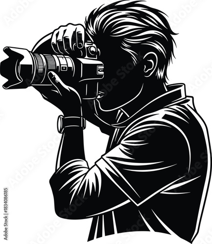 Professional Photographer Taking Photo, Holding Digital SLR Camera with Big Lens, Black and White Silhouette Vector Illustration, Photojournalist Media Design