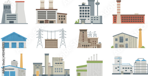 Industrial facility icon set, black silhouette illustrations of factories, power plants, warehouses, silos, vector infrastructure design elements