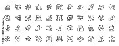 Data and technology line icon set. Vector pictograms of security, analysis, intelligence, blockchain, and management, thin linear illustration.