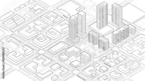 Isometric urban planning diagram, city block layout with high-rise, mid-rise, low-rise buildings, zoning arrows, vector architecture illustration