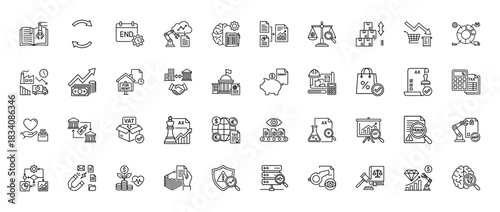 Business and finance line icon set. Vector pictograms of taxation, accounting, fraud, contract, and banking, thin linear illustration.