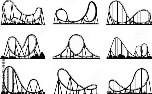 Roller coaster silhouette set, amusement park ride icons, loop track designs, engineering structures, vector graphic collection, black entertainment elements