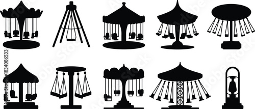 Swing ride silhouette icon set, amusement park chair carousel designs, vector graphic collection, black entertainment elements, rotating seat structures
