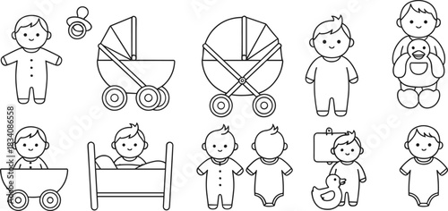 Set of Cute Baby and Newborn Care Icons, Stroller, Crib, Pacifier, and Infant in Onesie, Black and White Line Art Vector Illustration for Kids and Parenthood Design