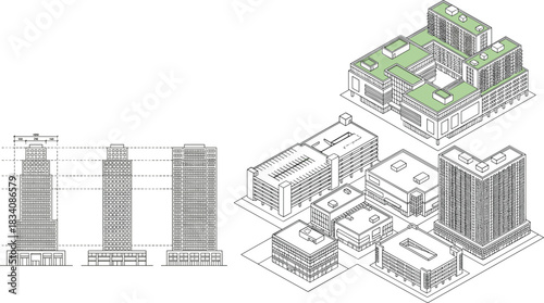 Urban architecture drawing set, elevation and isometric views, high-rise building design, city block layout, rooftop garden concept, construction planning, vector illustration