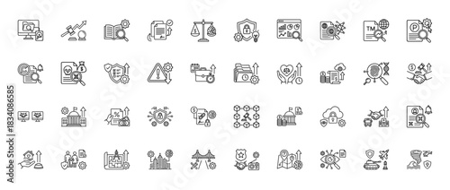 Legal, finance, and security line icon set. Vector pictograms of research, contract, scales, defense, data, and government, thin linear illustration.