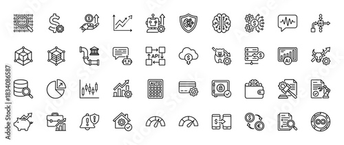 Business and finance line icon set. Vector pictograms of data analysis, investment, artificial intelligence, and digital currency, thin linear illustration.