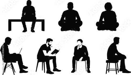 Set of Sitting Men Silhouettes Relaxing, Reading Book, Using Laptop, Meditating, Posing on Chair and Bench, Black Vector Illustration Collection