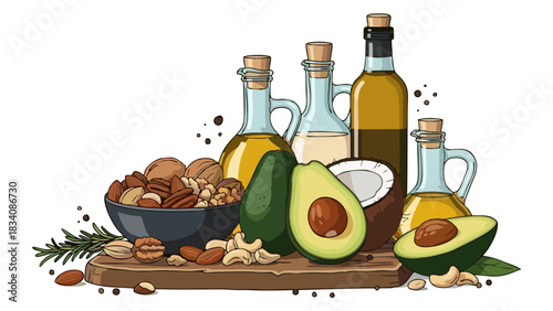 Healthy Fats Avocado Nuts and Cooking Oils Culinary Illustration for Healthy Eating