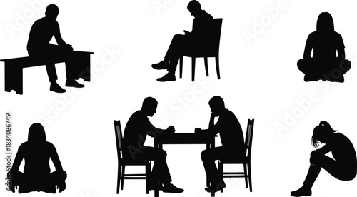 Set of Sitting People Silhouettes, Man on Bench, Woman Meditating, Two People Discussing at Table, Depicting Mental Health and Conversation, Black Vector